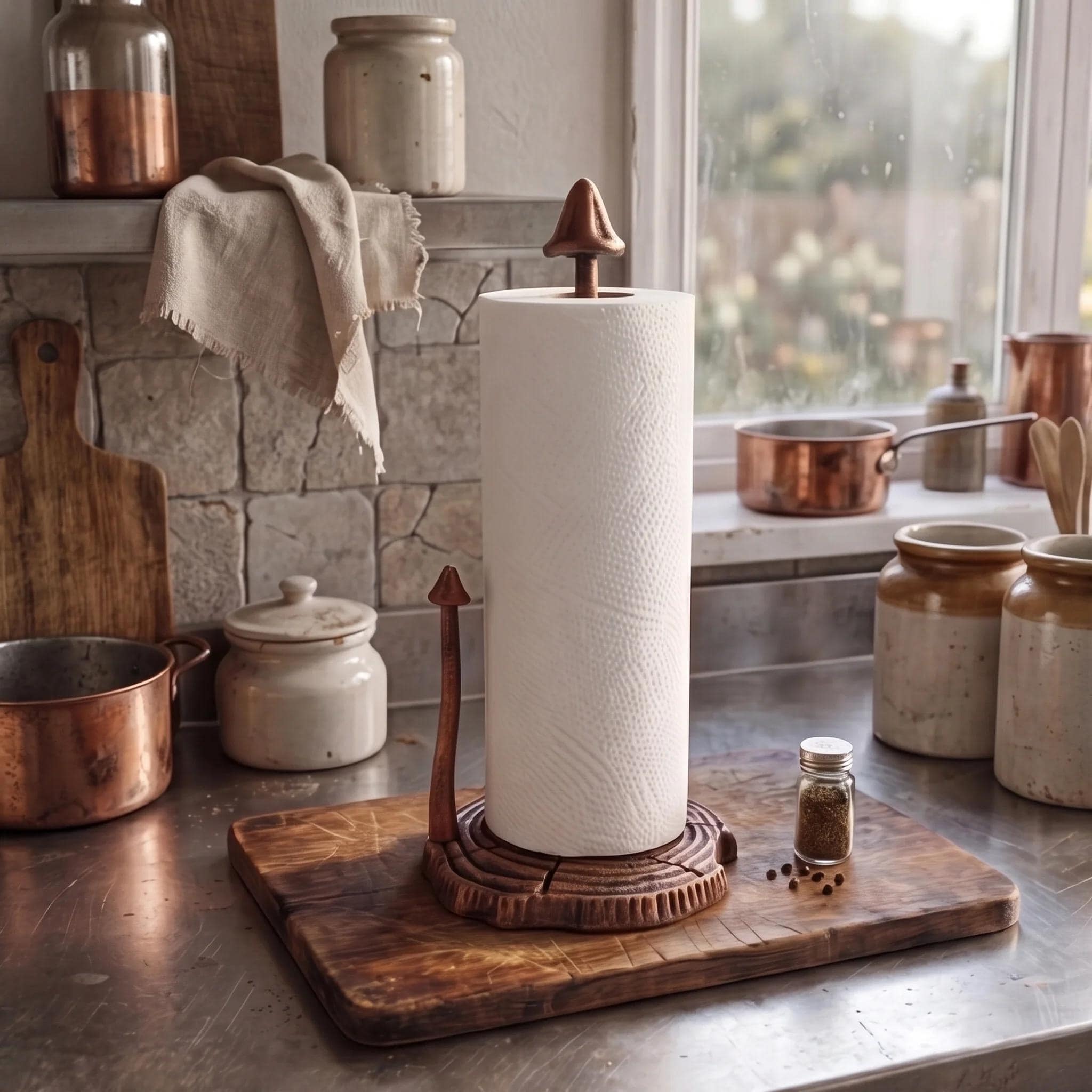 Cast Iron Mushroom Paper Towel Holder, Rustic Copper Finish, 13"