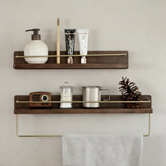 Solid Walnut/Beech Shelf with Brushed Brass Towel Bar, Wall Mounted Floating Storage