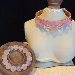 Matching Crystal Pet Collar & Bracelet Set, Rose Quartz
