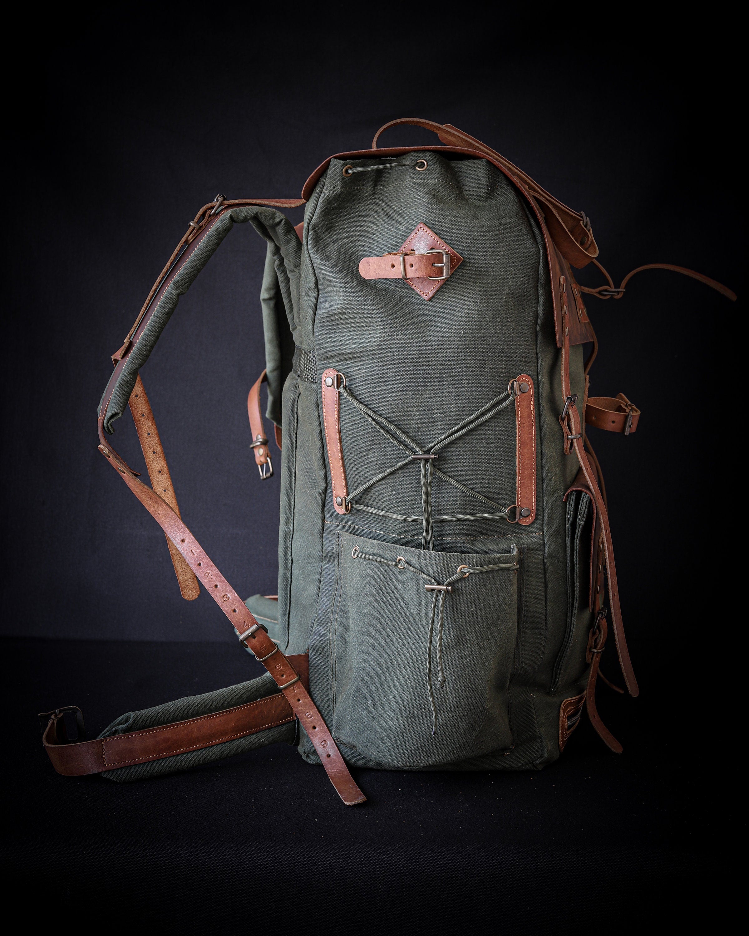 Leather and Waxed Canvas Backpack, 50 Liter