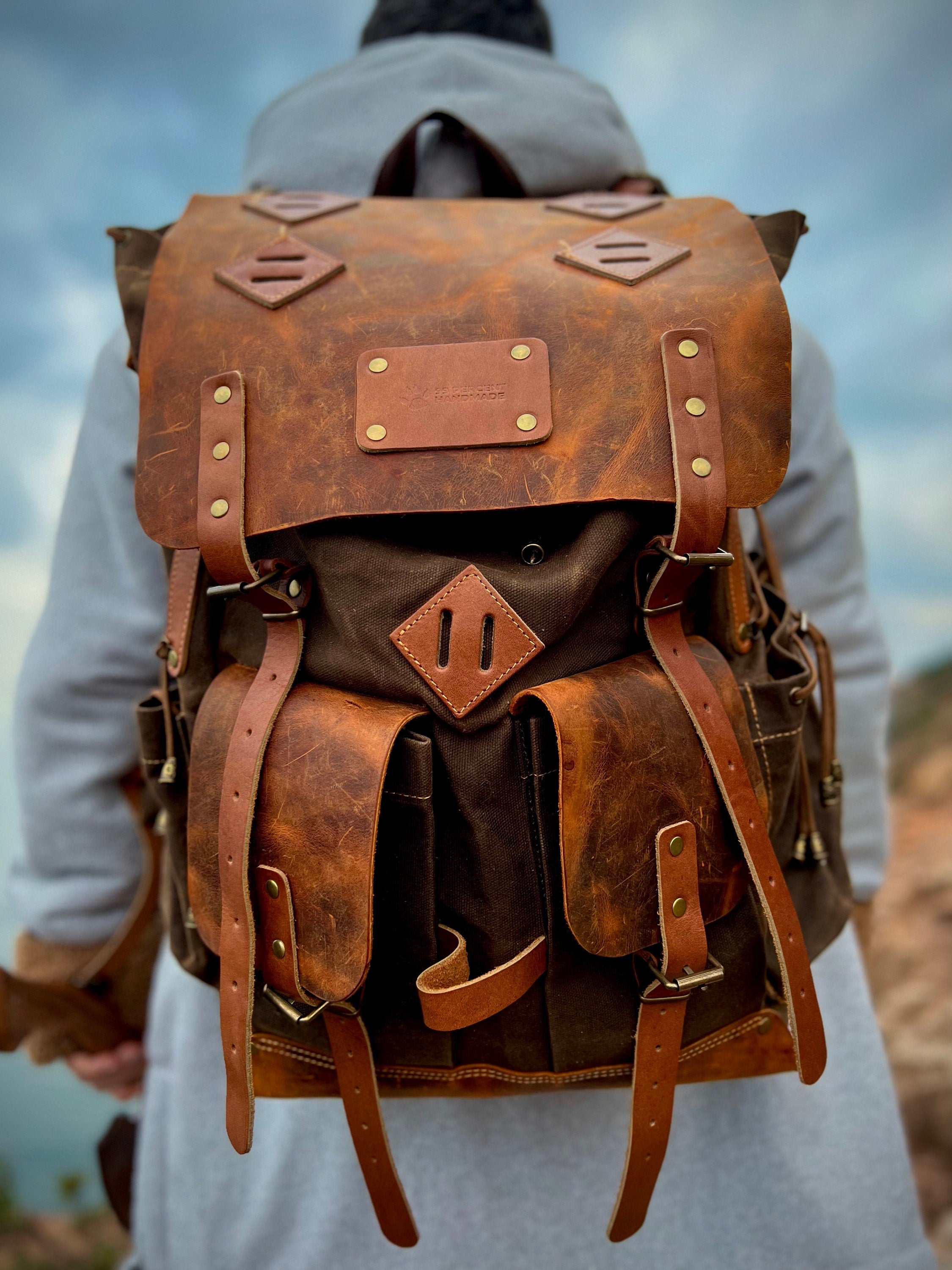 Waxed Canvas Backpack with Leather Flap and Bottom | 30L, 40L, 50L | Black, Brown, Green