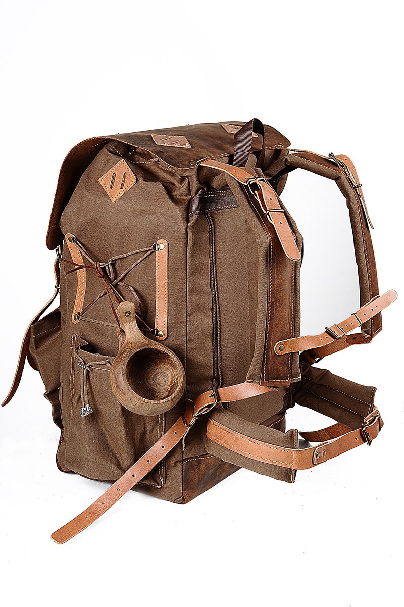 Wax Canvas and Genuine Leather Backpack, 50 Liters