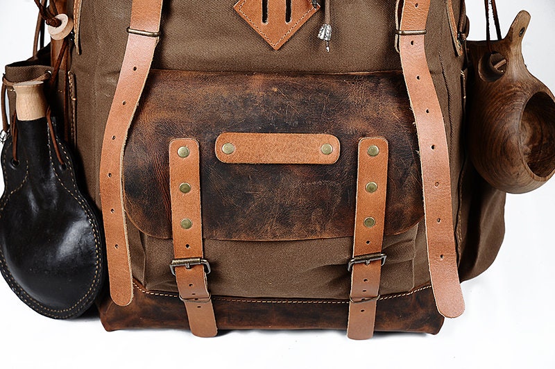 Wax Canvas and Genuine Leather Backpack, 50 Liters