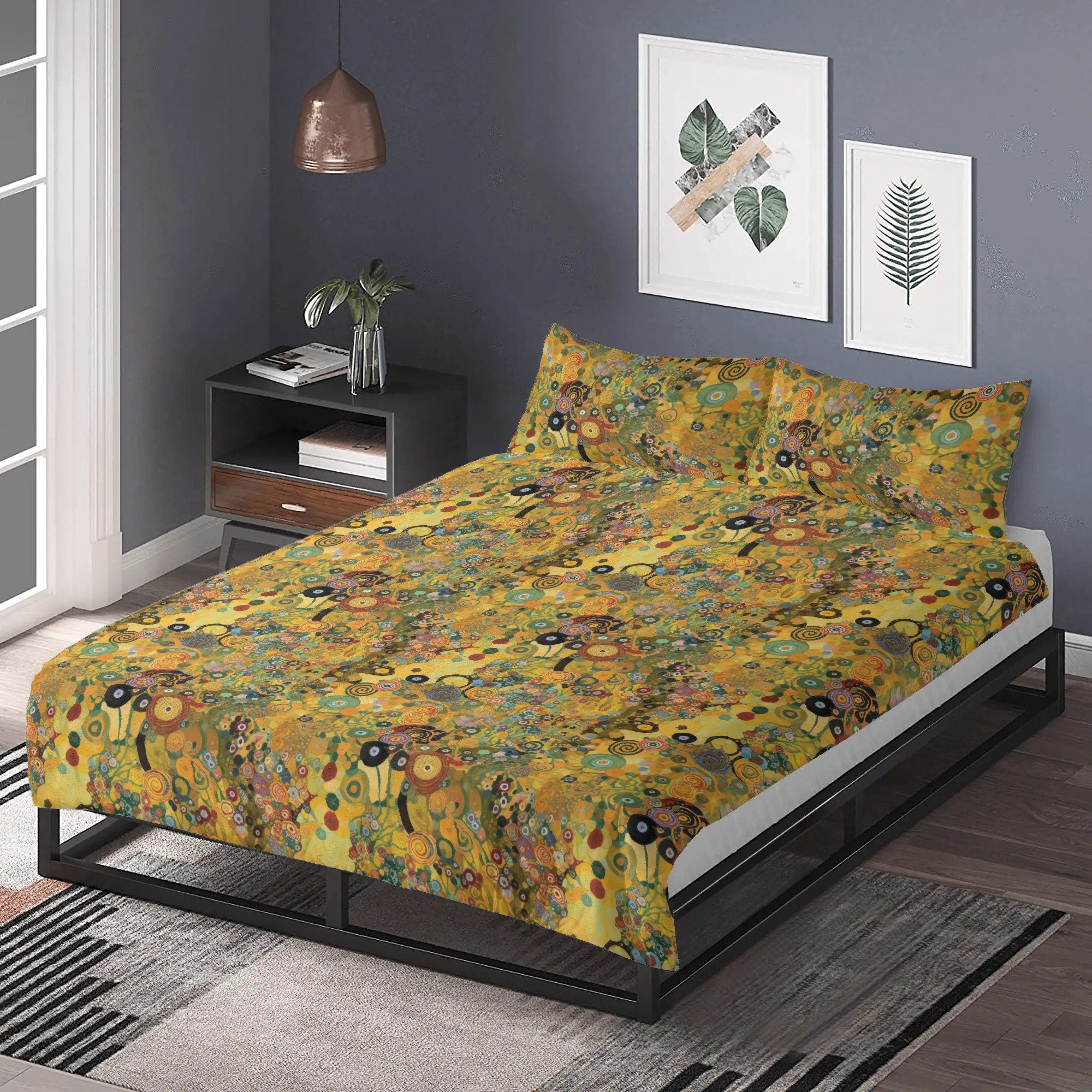 Klimt Floral Duvet Cover Set, Soft Polyester Bedding Yellow, The Kiss Inspired