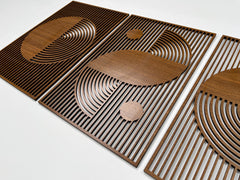 Abstract Boho Wood Wall Art, Bauhaus Inspired Geometric Design, Mid Century Modern Wall Decor, 3 Panel Wooden Set
