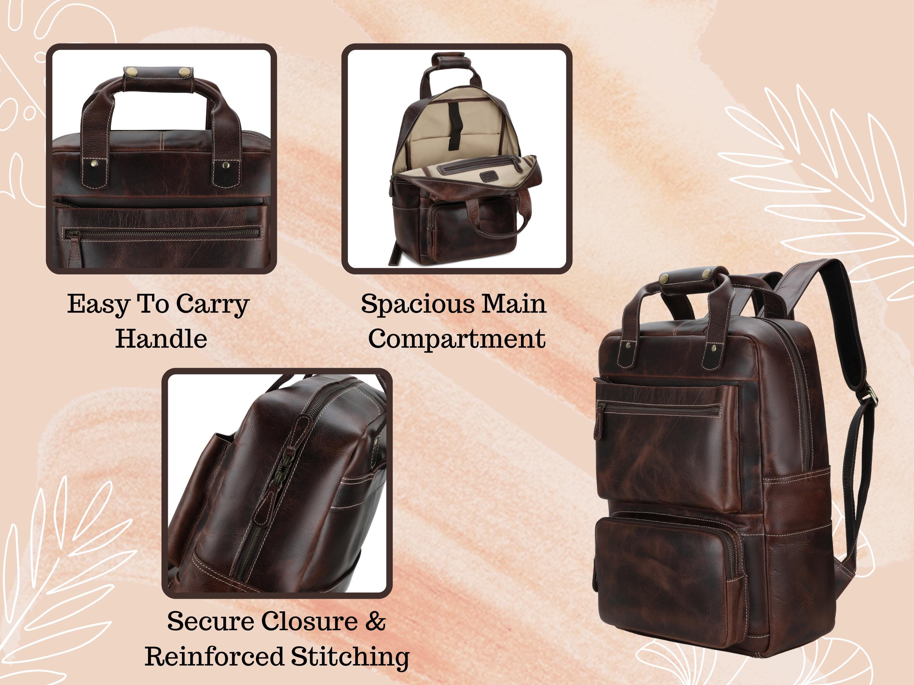 Leather Laptop Backpack Large Capacity Weekender Overnight Camping Rucksack Multi-Pocket Bag