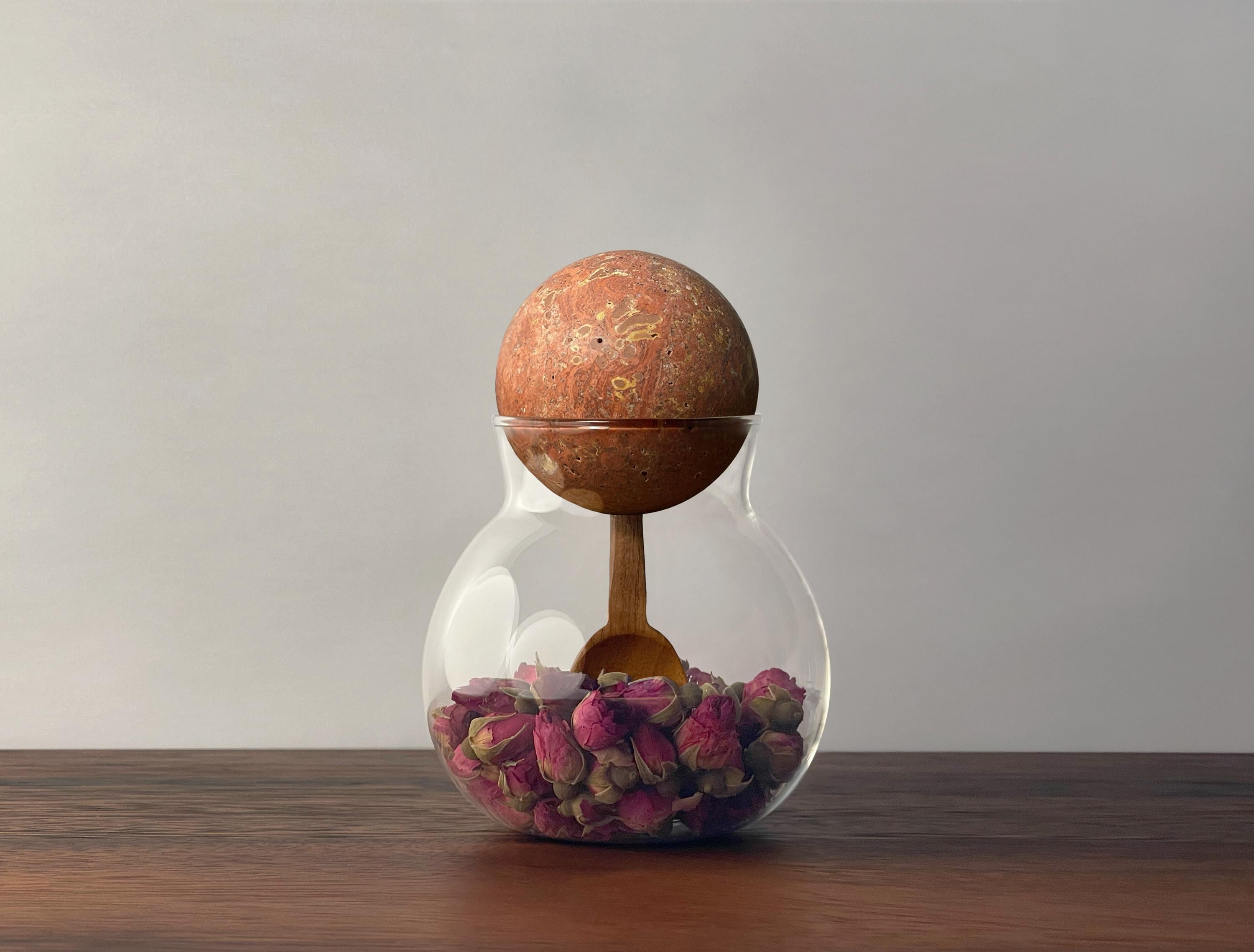 Decorative Spherical Glass Container with Stone Lid and Acacia Wood Spoon