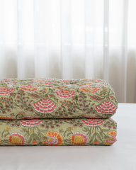 Hand Block Print Cotton Quilt: Burnt Orange Marigold Floral, Reversible Bohemian Bedding