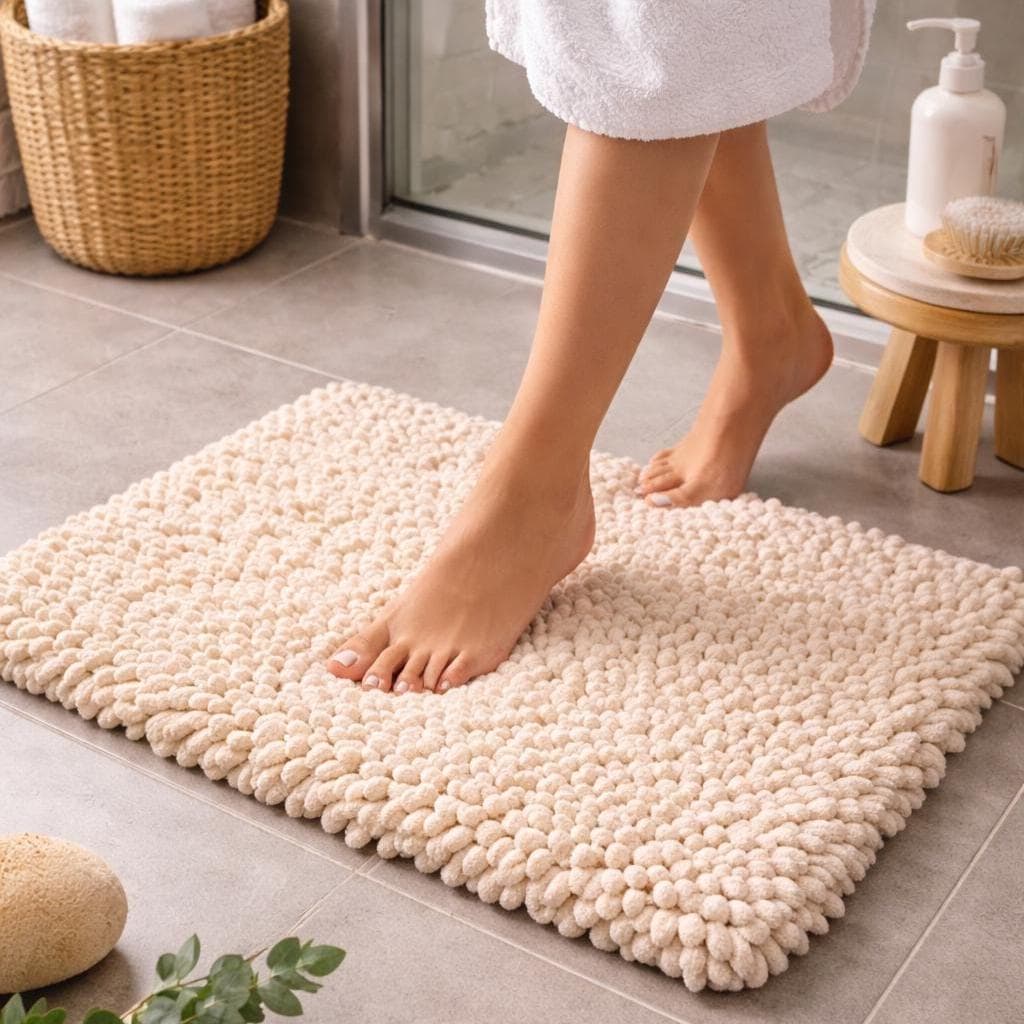 Absorbent Bath Mat | Non-Slip Bathroom Floor Rug | Soft Chenille Bathroom Rug | Neutral Home Decor