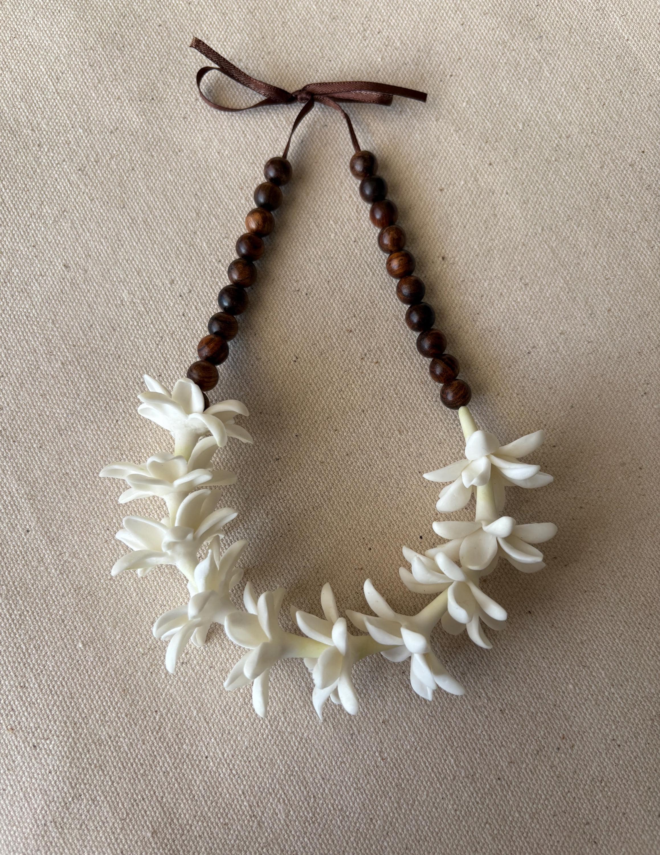 White Pikake Flower and Sandalwood Car Lei, 18" Rearview Mirror Charm