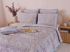 Sky Blue Floral Hand Block Printed Cotton Quilt, Botanical Flower Comforter, Reversible All Season Bedspread, Boho Queen King Bedding