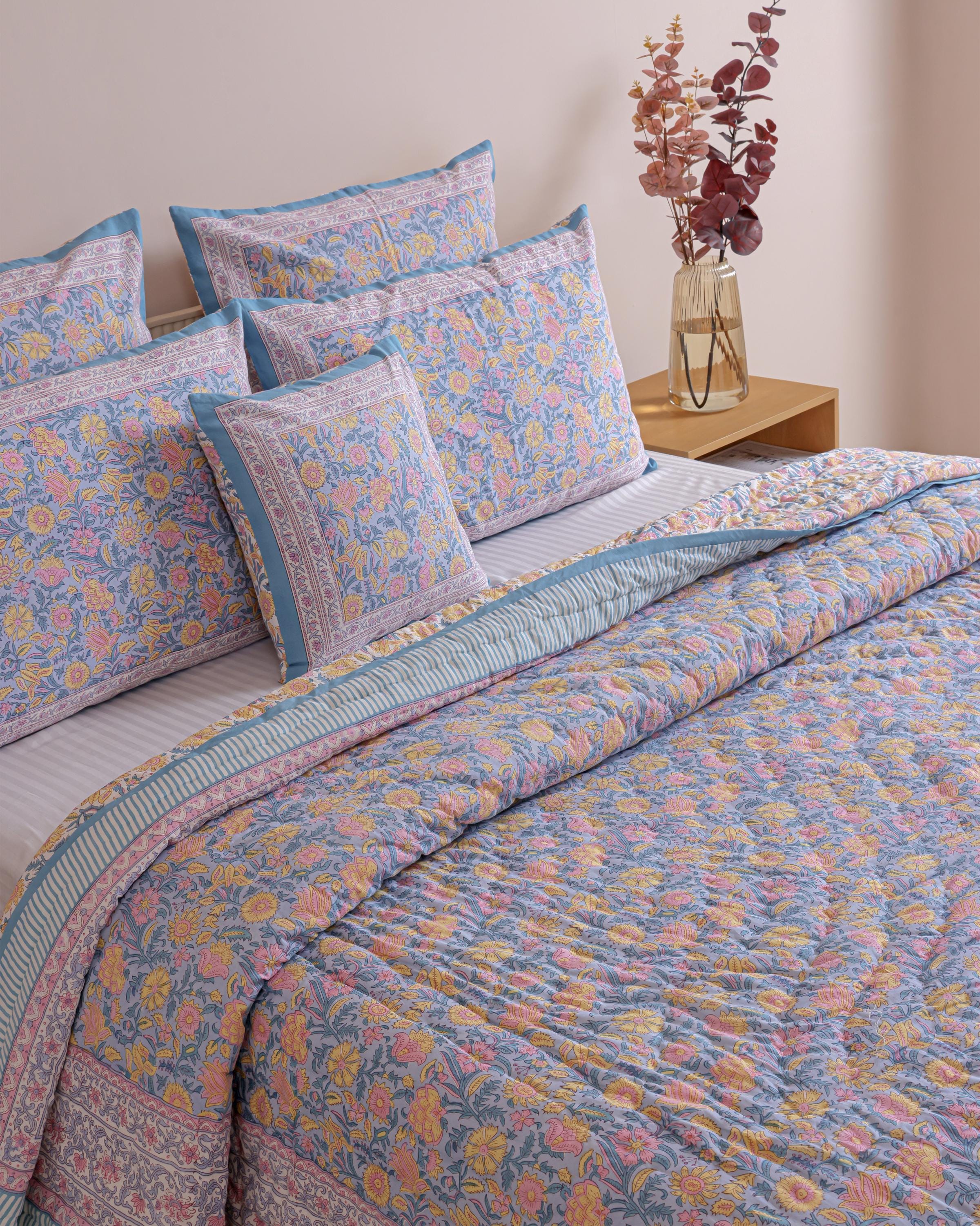 Sky Blue Floral Hand Block Printed Cotton Quilt, Botanical Flower Comforter, Reversible All Season Bedspread, Boho Queen King Bedding