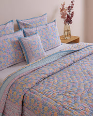 Sky Blue Floral Hand Block Printed Cotton Quilt, Botanical Flower Comforter, Reversible All Season Bedspread, Boho Queen King Bedding