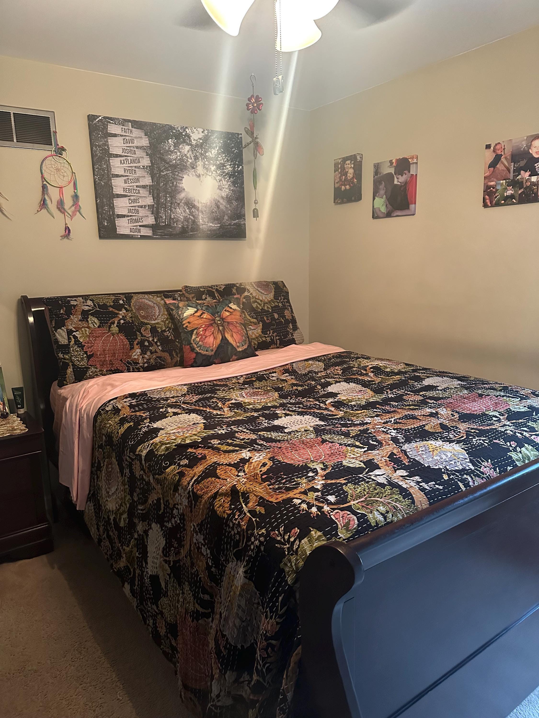 Hand Block Print Cotton Kantha Quilt, Black Floral Bedding