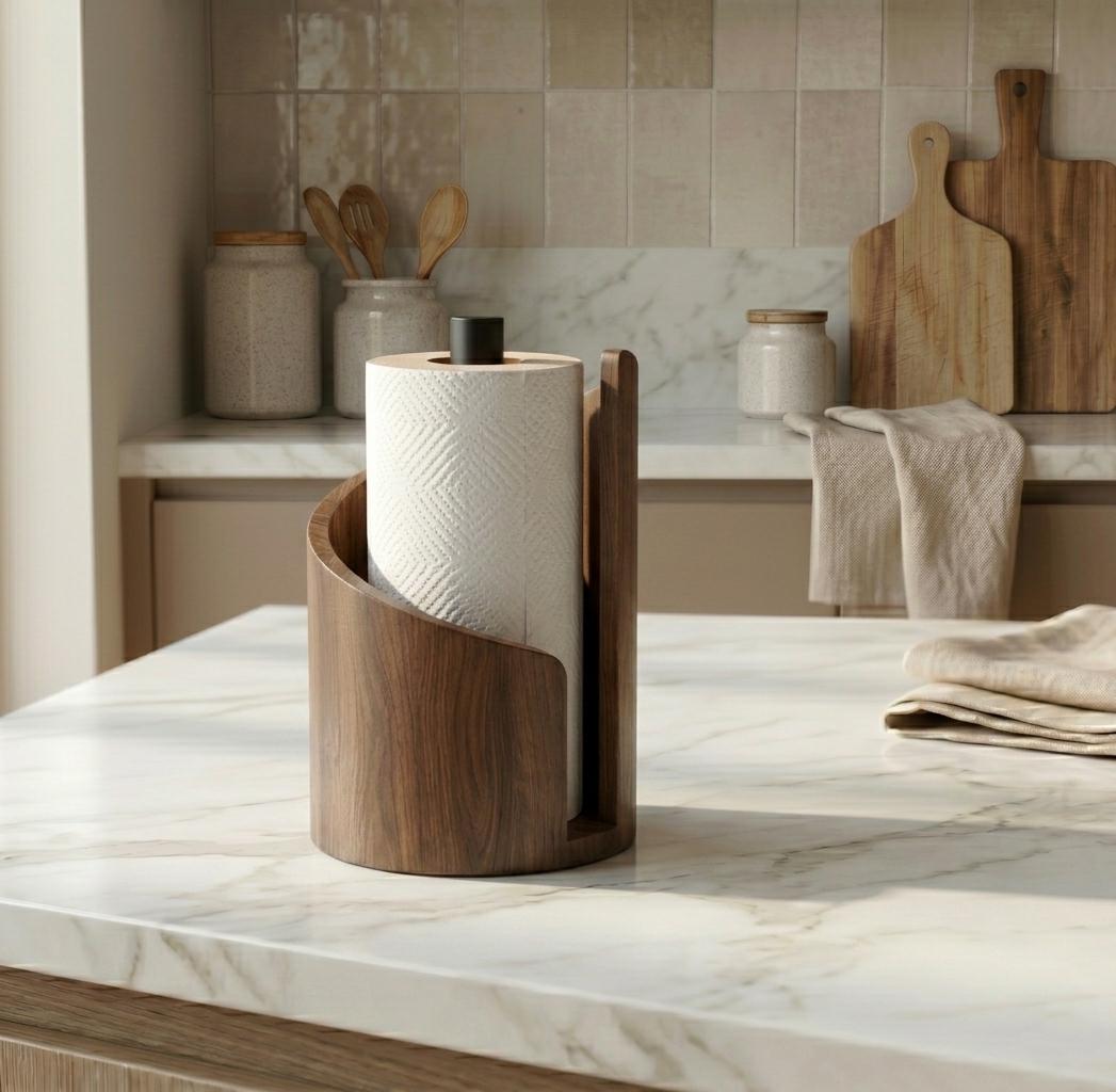 Wooden Paper Towel Holder Stand | Modern Kitchen Roll Dispenser | Freestanding Countertop Organizer