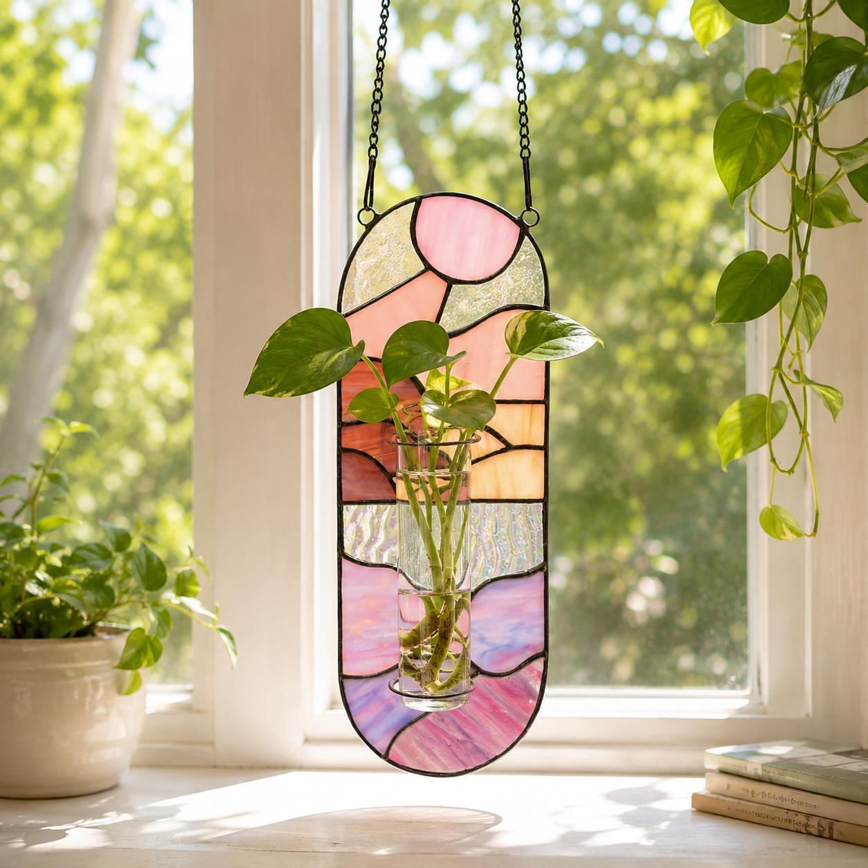Stained Glass Propagation Station Suncatcher, Hanging Glass Planter for Window, Air Plant Holder