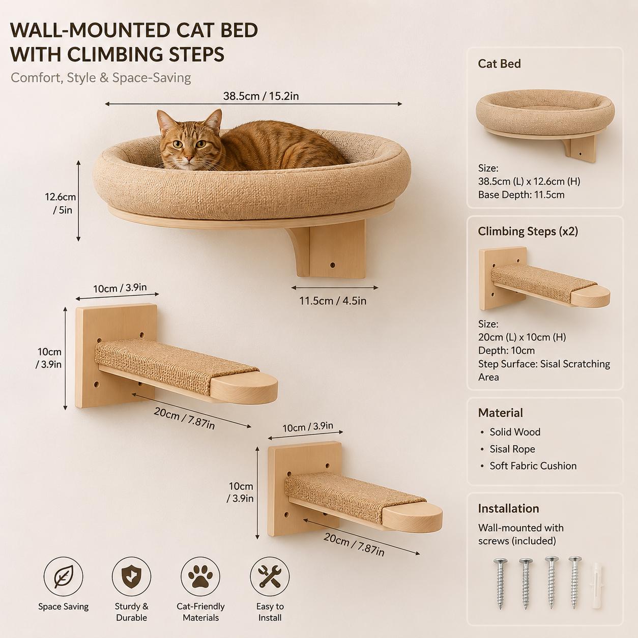 Wall Mounted Cat Bed Set with Wooden Climbing Shelves Minimalist Cat Furniture for Indoor Cats Beige Modern Pet Wall Perch Lounge Decor