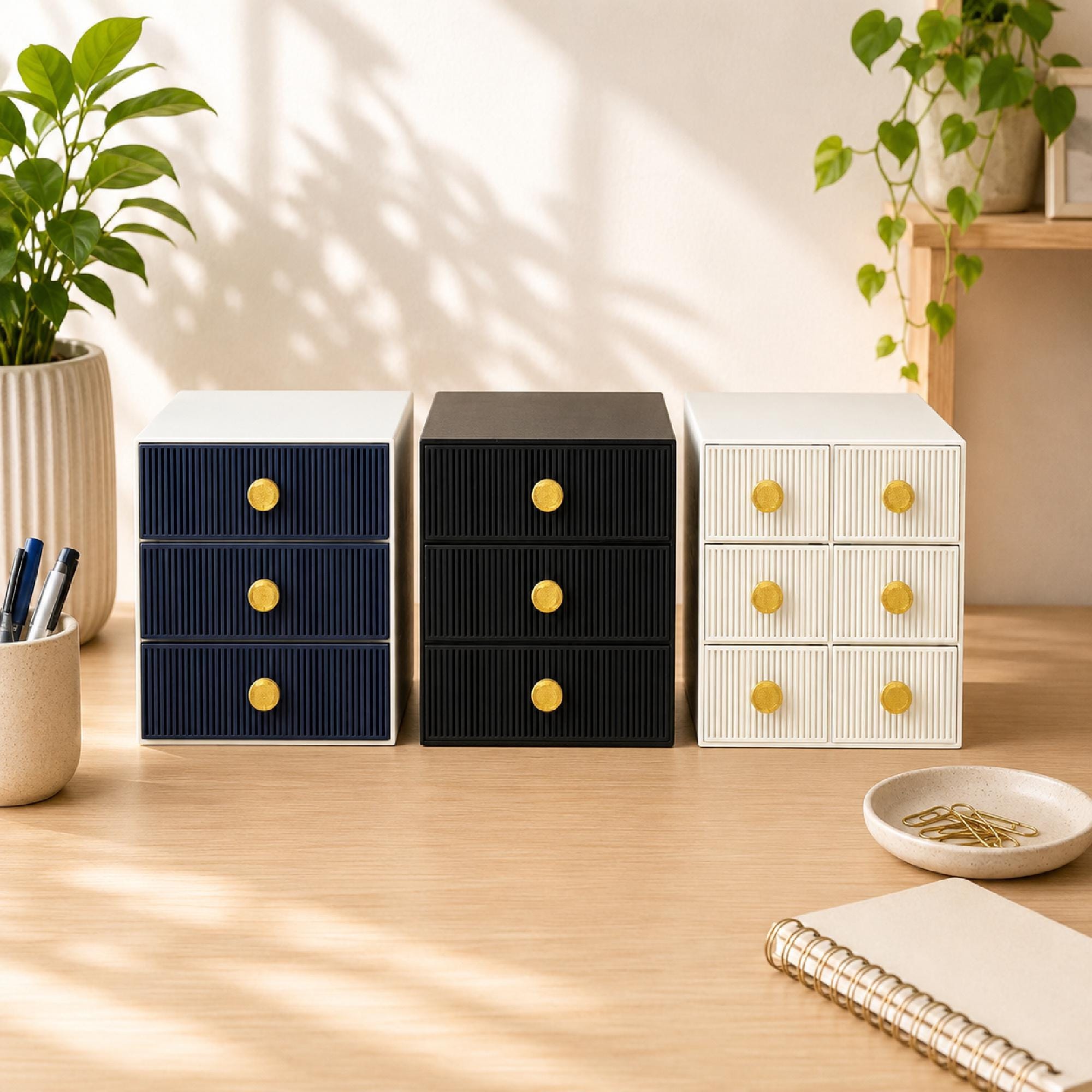 3/6 Drawer Modern Slat Desk Organizer, Desktop Storage for Office Supplies, Makeup, Craft Supplies & Home Office Decor