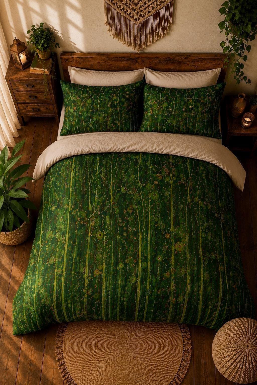 Forest Cotton Comforter Bedspread & Pillow Covers, 100% Cotton Art Nouveau Bedding, Queen and King Sizes