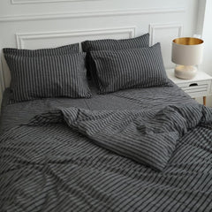 Gray Washed Cotton Bedding With Black Stripes – Duvet Cover Set, Fitted Sheet & Pillowcases