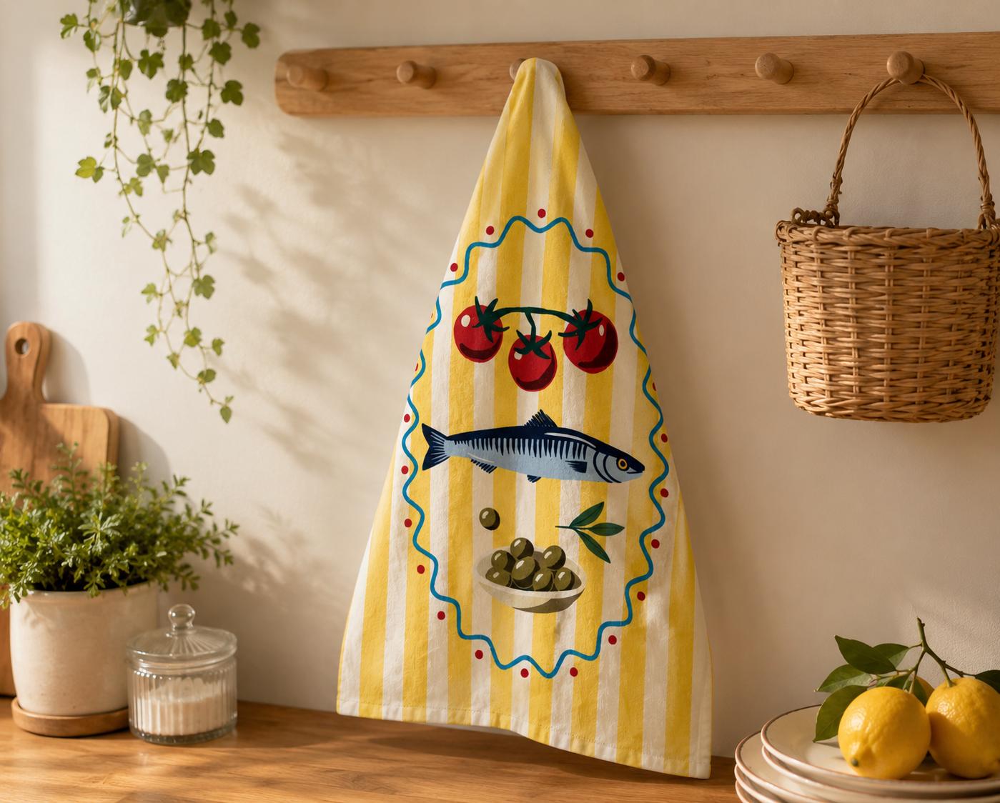 Fish and Tomato Kitchen Towel, Yellow Striped Dish Towel
