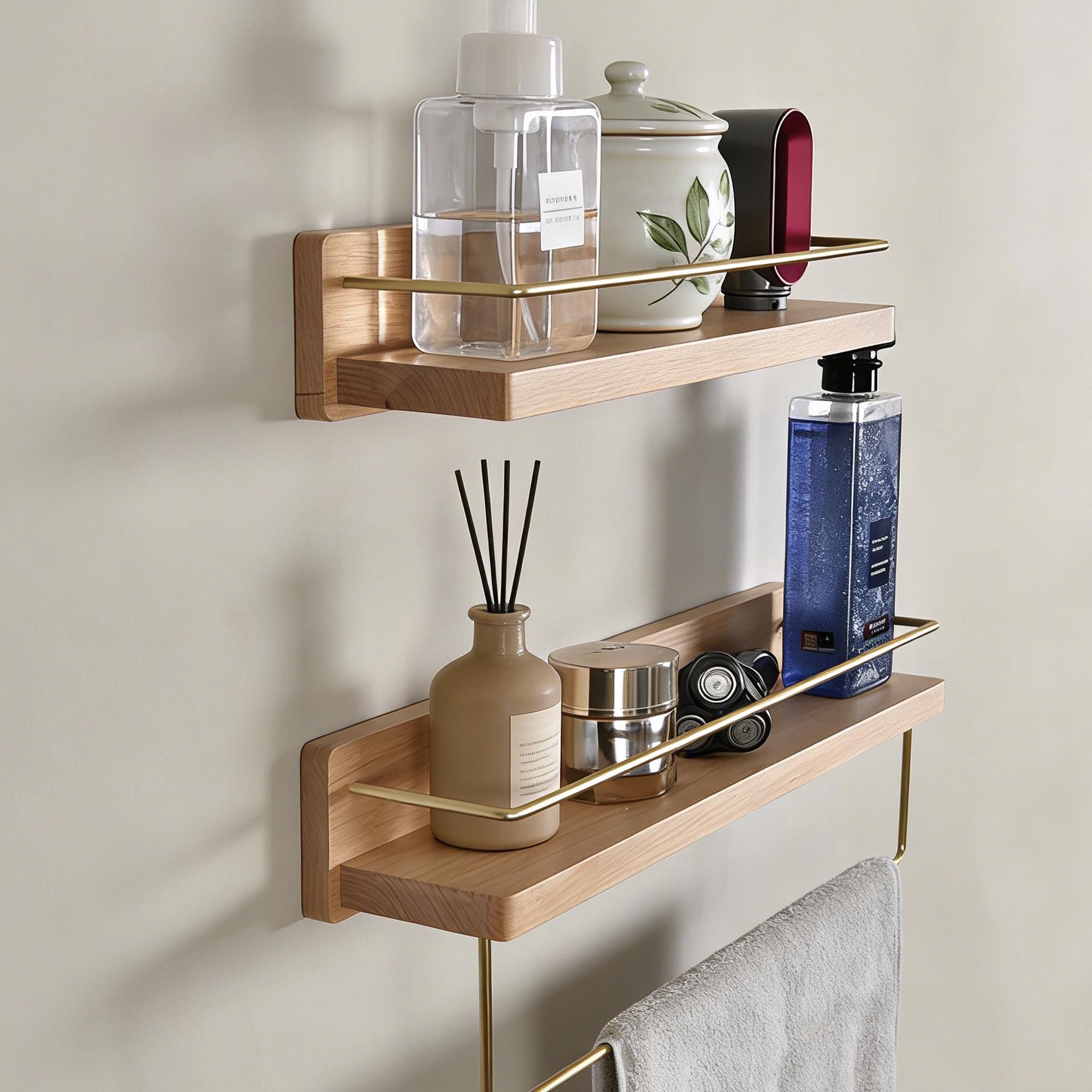 Solid Walnut/Beech Shelf with Brushed Brass Towel Bar, Wall Mounted Floating Storage