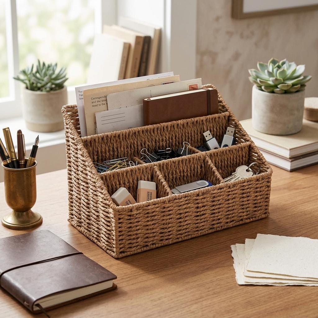 Desk Organizer Basket with Multiple Compartments for Office Supplies