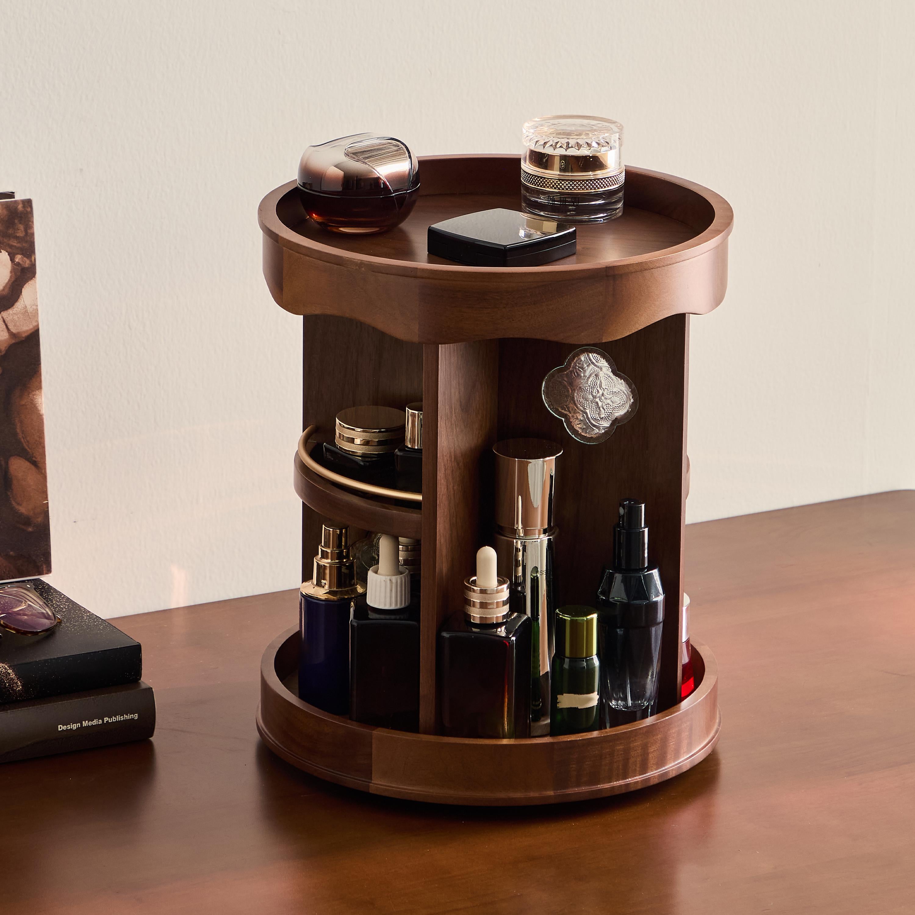 Rotating Wooden Cosmetic Storage | Makeup, Skincare & Toiletries Organizer | Perfume Display Shelf with Multi-Layer