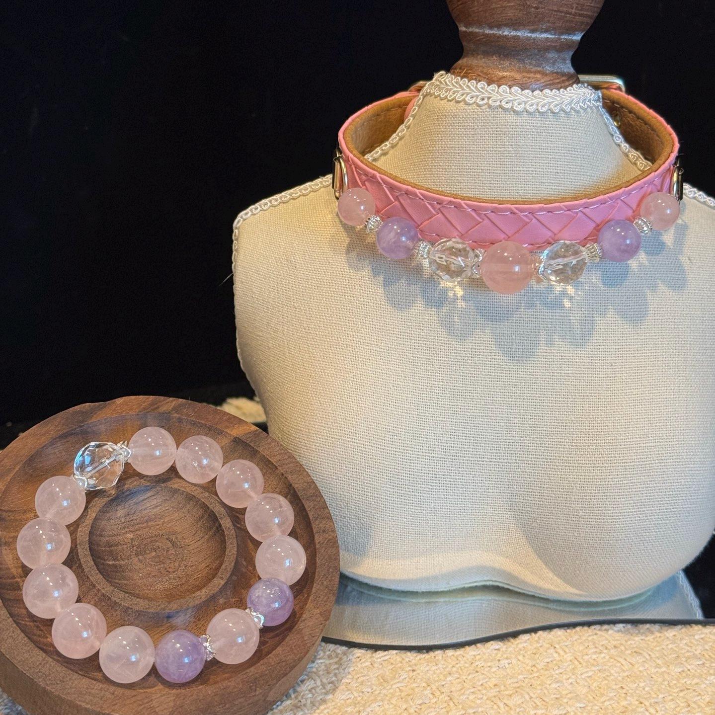 Matching Crystal Pet Collar & Bracelet Set, Rose Quartz
