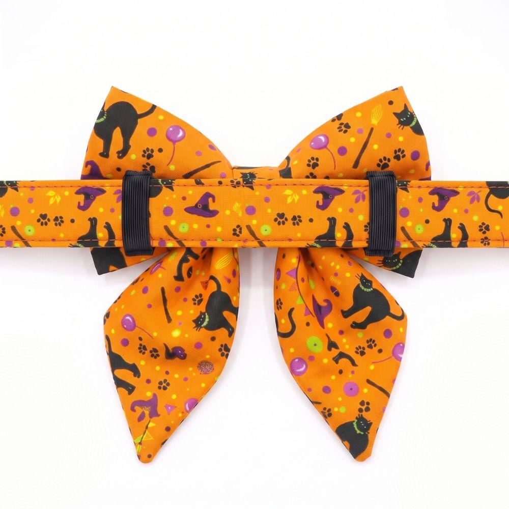 Halloween Dog Collar and Sailor Bow Set, Personalized Engraved Spooky Dog Collar with Flower Bow Tie, Orange Black Cat Puppy Leash Set