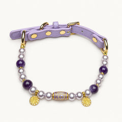 Purple Crystal Pearl Dog Collar with Gold Charms